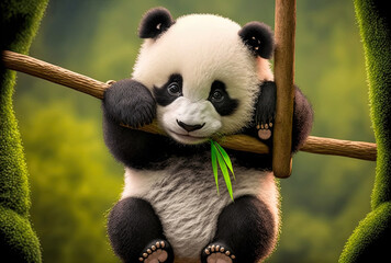 Fototapety  Cute and humorous baby panda hanging from bamboo. Generative AI