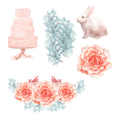 Watercolor Spring Easter Birds Peonies Roses Blush Cake Wedding Eucalyptus Rabbit Candelabra Bouquets Shabby Chic