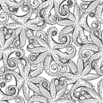 Octopus. Vector seamless background patterns on white. Food vector Illustration. Templates for menu design, packaging, restaurants and catering. Perfect for wallpaper, wrapping, fabric and textile.