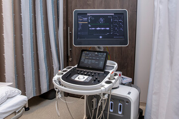 Medical equipment background, close-up ultrasound machine. Ultrasonic diagnostic apparatus, place for text.