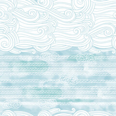 Fototapeta na wymiar Abstract seamless pattern on the marine theme with waves, ropes and knots on a blue watercolor background. Vector. Perfect for design templates, wallpaper, wrapping, fabric and textile.