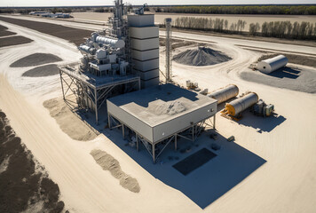 aerial picture of a ready mix concrete facility, Plant for making dry mortar and cement for the building sector, crushing stones for cement manufacturing. Generative AI
