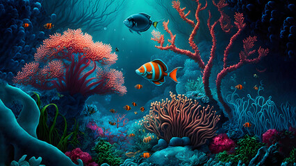 Tropical underwater life of a coral reef, neural network generated art wallpaper. Digitally generated image. Not based on any actual scene or pattern.