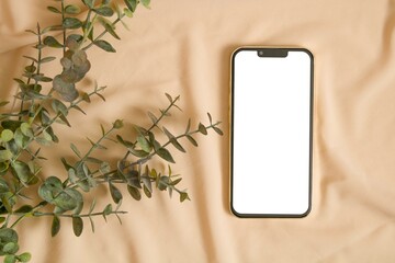 Top view phone mockup with eucalyptus leaf

