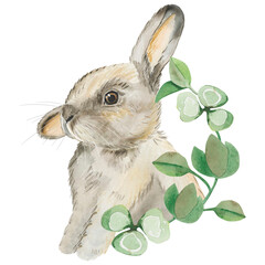 rabbit and clover watercolor png postcard