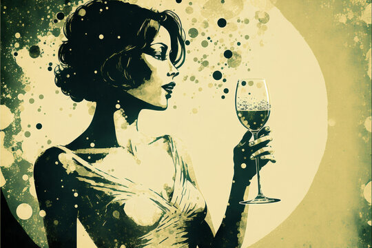 Illustration In Retro Style Of Vintage Woman Holding A Glass Of Champagne Or Wine To Celebrate A Happy New Year. Created With Generative AI.