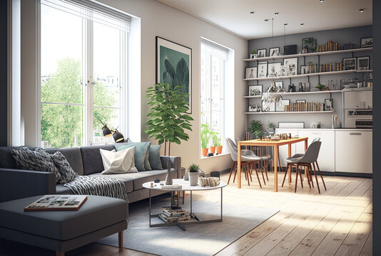Someone who wants to sell their house or huge, spacious studio apartment takes a snapshot of it on a tablet of their interior, which is clean, bright, and Scandinavian with a fashionable sofa, shelves