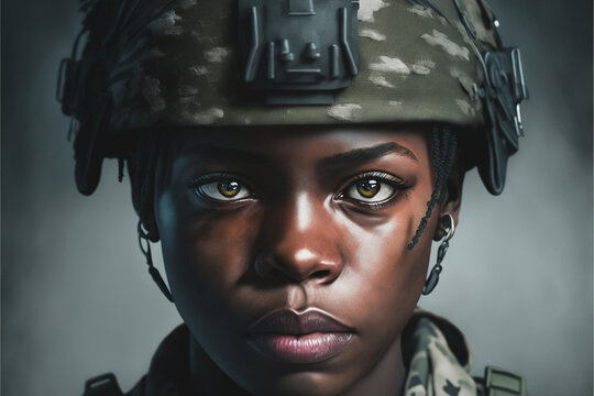 Young black female soldier wearing army fatigues and a helmet. Close up view of her intense face created with generative AI.