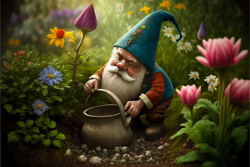Garden gnome with long white beard planting Spring flowers. Created with generative AI.