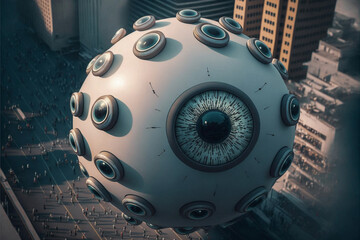 Floating cameras in the shape of giant eyeballs spying on people in large city. Big brother is watching in surveillance. Created with generative AI - obrazy, fototapety, plakaty