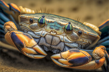 Macro closeup shot of a small crab on a sandy ocean beach. Created with generative AI. - obrazy, fototapety, plakaty