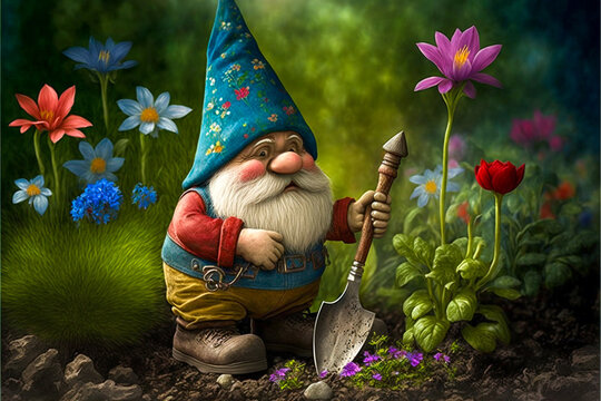 Garden gnome with long white beard planting Spring flowers. Created with generative AI.
