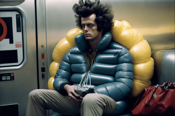 Strange man with weird expression wearing absurd puffy jacket on a New York subway. Created with generative AI. - obrazy, fototapety, plakaty