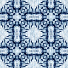 Obraz premium Indigo Dye Wash Coastal Damask Quilt Seamless Pattern. Washed out Geometric Dip Dyed Blur effect for Nautical and Marine Ocean Blue Interior Textile Backgrounds with Linen Texture Tile