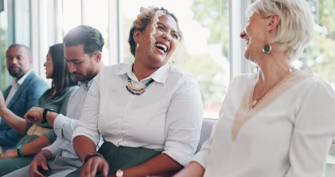 Handshake, welcome greeting in line and business people relax or ready for job interview, company recruitment and hiring. Hello, business women and shaking hands or talking together in waiting room