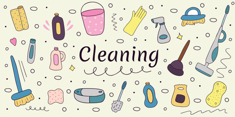 Hand drawn colored doodle set of cleaning agents, mops, robot vacuum cleaner, brushes, rubber gloves. Elements for cleaning and creating comfort in the house. Vector bright, elongated illustration.