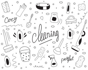 Hand drawn black and white doodle set of cleaning agents, mops, robot vacuum cleaner, brushes, rubber gloves. Elements for cleaning and creating comfort in the house. Vector illustration lettering