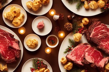 Christmas Prime Rib and Spiral Ham Dinner Seamless Texture Pattern Tiled Repeatable Tessellation Background Image