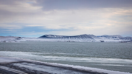 Hverfjall volcano crater near Lake Myvatn (Iceland) in winter