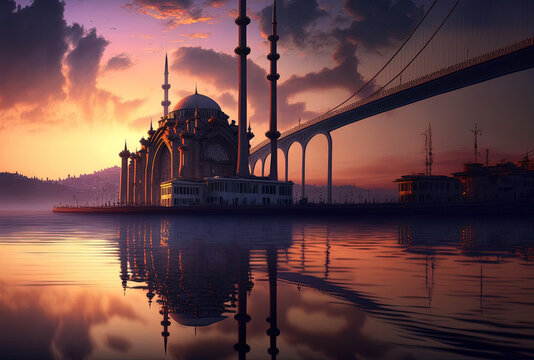 Turkey's dawn over the Ortakoy Mosque and Bosphorus bridge in Istanbul. Generative AI