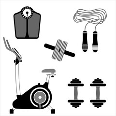 Fitness sport symbols. Gym workout equipment. Exercise bike Icon. Flat black icons on white. Set of icons with sports equipment for the gym, vector illustration.