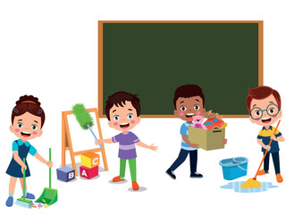 cute students cleaning classroom at school