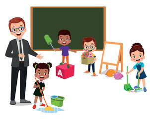 cute students cleaning classroom at school