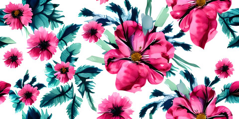 Seamless floral pattern with flowers on summer background, watercolor illustration