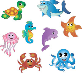 Fototapeta premium Sea animals dolphin, jellyfish, seahorse, starfish, turtle, shark, crab, octopus