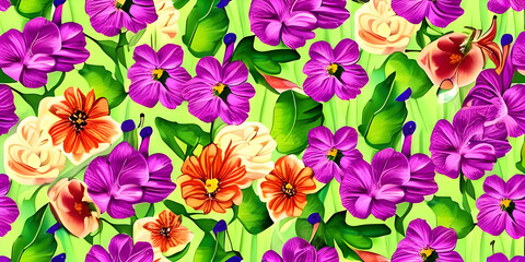 Fototapeta na wymiar Seamless floral pattern with flowers on summer background, watercolor illustration