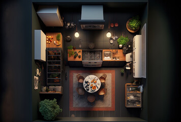 Dark kitchen interior seen from above with appliances, a deck, an oven with a burner, a spoon, and a dish. cooking area in a contemporary flat. Generative AI