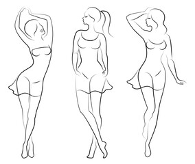 Collection. Girl silhouettes in modern single line style. Women's line art continuous line drawing, decor aesthetic outline, posters, wall art, stickers, logo. Vector illustration set.