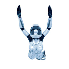 coolest astronaut girl is flying up in white background front view © DM7