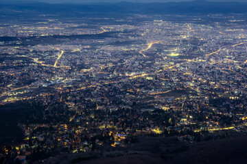 The capital of Bulgaria is Sofia. Night view from the top of the mountain.