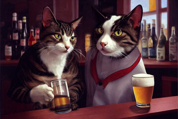 Cat and dog sitting in bar drinking beer