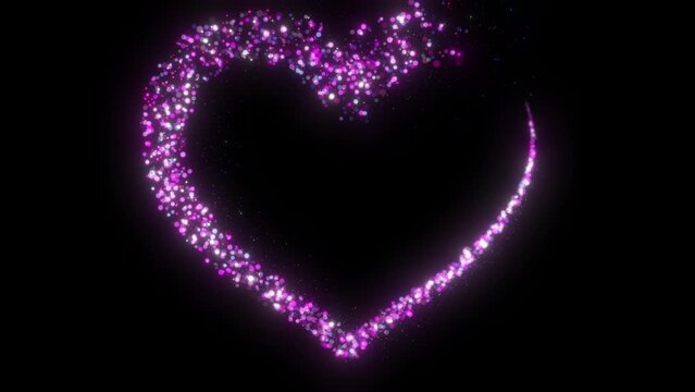 Particle Heart Trail With Glitter Glowing Particle On Black Background,magic Heart Sparkle Glitter Particle. Abstract Animation Of Glowing Valentine, And Wedding Romantic Glitter Heart Particle And He