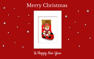 Christmas card with a red gift sock and a snowman in a red checkered hat on a red backdrop. The sock is in the white frame and there're are stars and snowflakes around. It can be used in print, web...