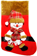 A clip art with a Christmas red sock and a snowman in the red checkered hat. That cartoon and funny image can be used to create postcards, banners, web pages, prints and more. JPG file at 300 dpi.
