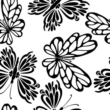 Butterflies seamless monochrome graphic pattern. black and white Vector illustration