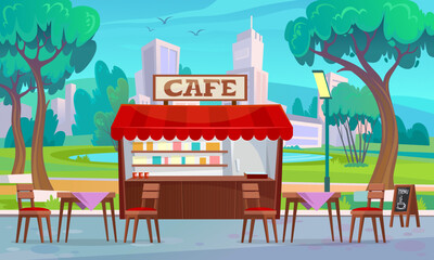 Outdoor cafe in a park with a view of a pond and a city. Street restaurant on a sidewalk with tables and chairs. Summer terrace or a cafeteria on a street of a town. Cartoon style vector illustration.