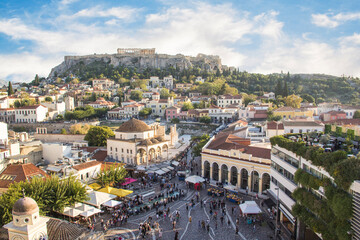 Beautiful view of the Acropolis and Monastiraki area in Athens, Greece