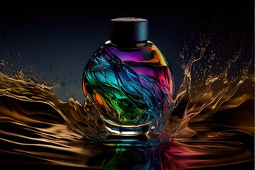  a colorful bottle of liquid with a splash of water on it's surface and a black background with a black cap. Generative AI