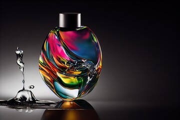  a colorful glass bottle with a silver top and a silver base on a reflective surface with a dropper. Generative AI