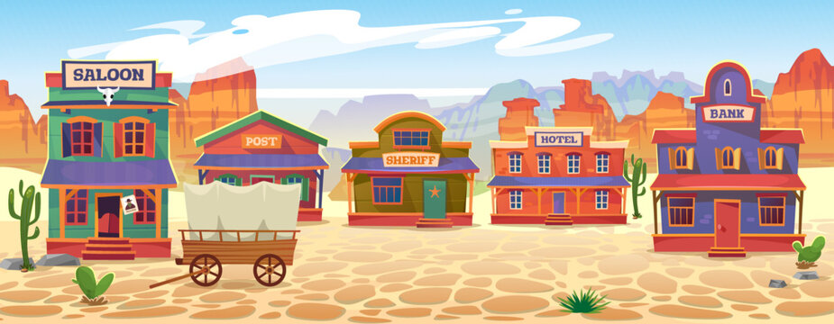 Cowboy game background of a wild west town, landscape view. Vintage wooden buildings in the desert with cactus and wagon: saloon or bar, post, sheriff, hotel, bank. Cartoon style vector illustration.