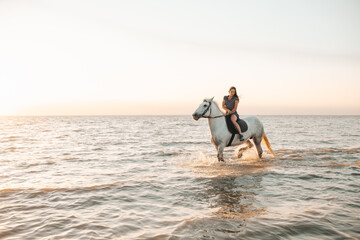 portrait of a long-haired girl on a horse in the sea at sunset
