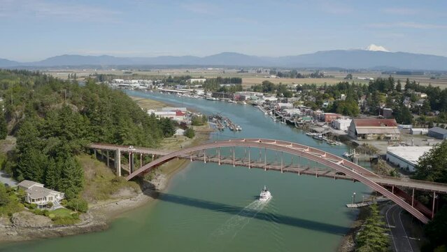 Amazing Visual Landscape Aerial Perspective Birds Eye View of La Conner Washington Waterfront with Mt Baker Cascade Mountain Background
