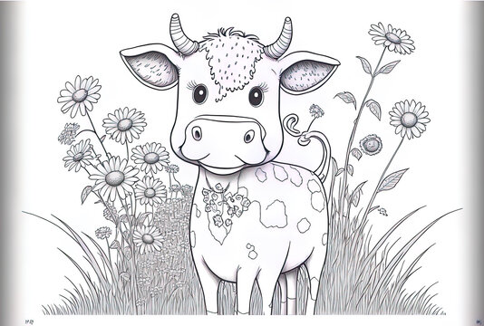 A Funny Cow Coloring Page in Style. Generative AI