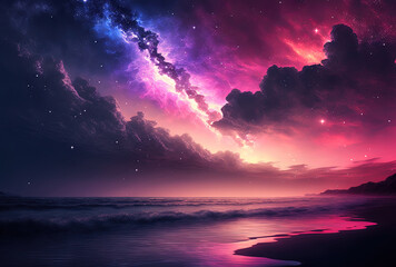 Fototapeta na wymiar Sky with stars falling nebula purple lilac blue hazy seascape at sunset in the summer with stunning clouds. Generative AI