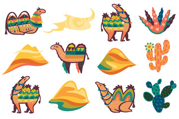 Big collection of desert, camels, hills and cactuses