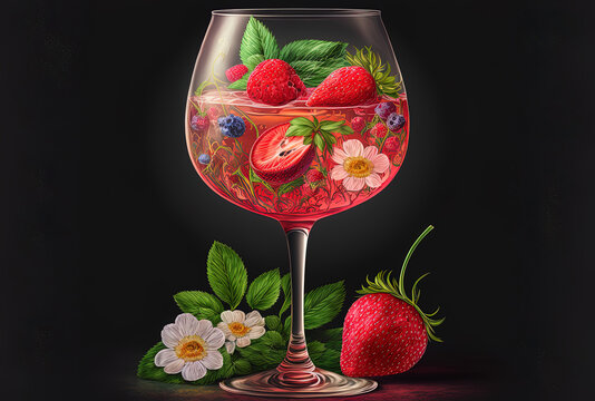 Cocktail for summertime made with rose wine and strawberries. Generative AI